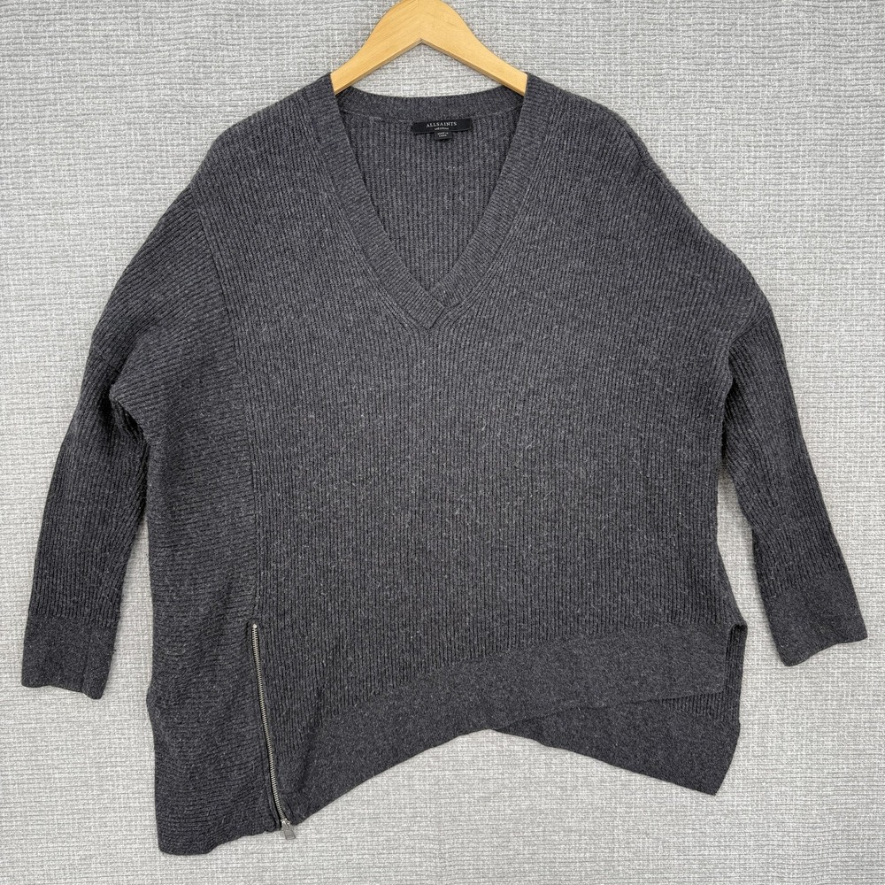 AllSaints Sweater Womens Medium Gray Able Zip Jumper Asymmetrical Hem V-Neck